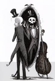 Tuxedoed man facing skeleton reflection with double bass